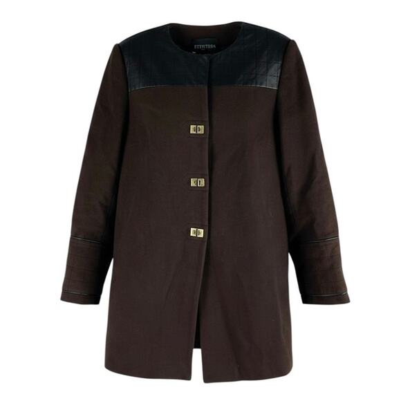Etcetera Leather Trim Long Coat Jacket Turnlock Closure Brown Size 6 - Picture 2 of 10